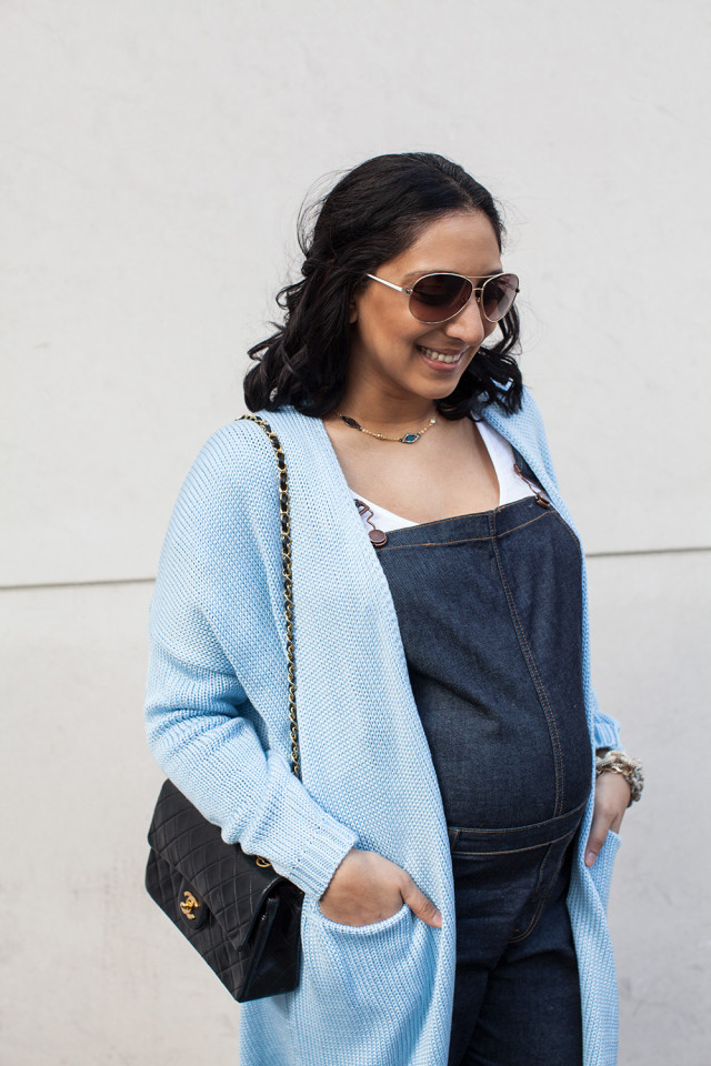 Overalls blue sweater evil eye necklace