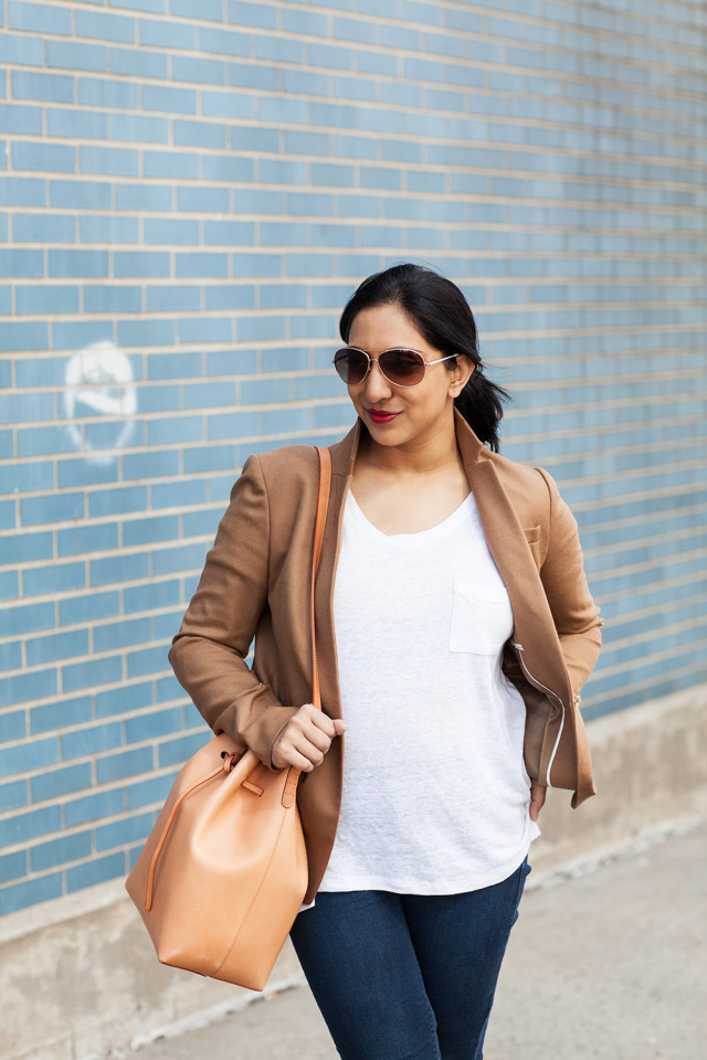 Camel Blazer Bag White Shirt Casual