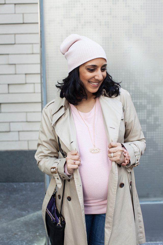 Pink Sweatshirt Tan Trench Coat