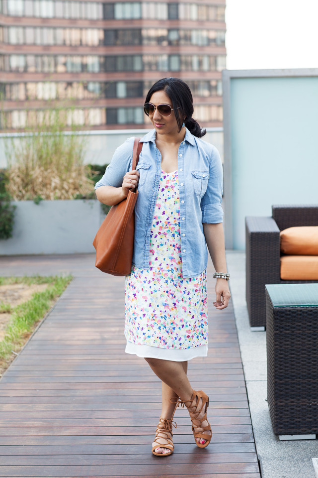 Chambray Top Slip Dress Brown Sandals and Bag