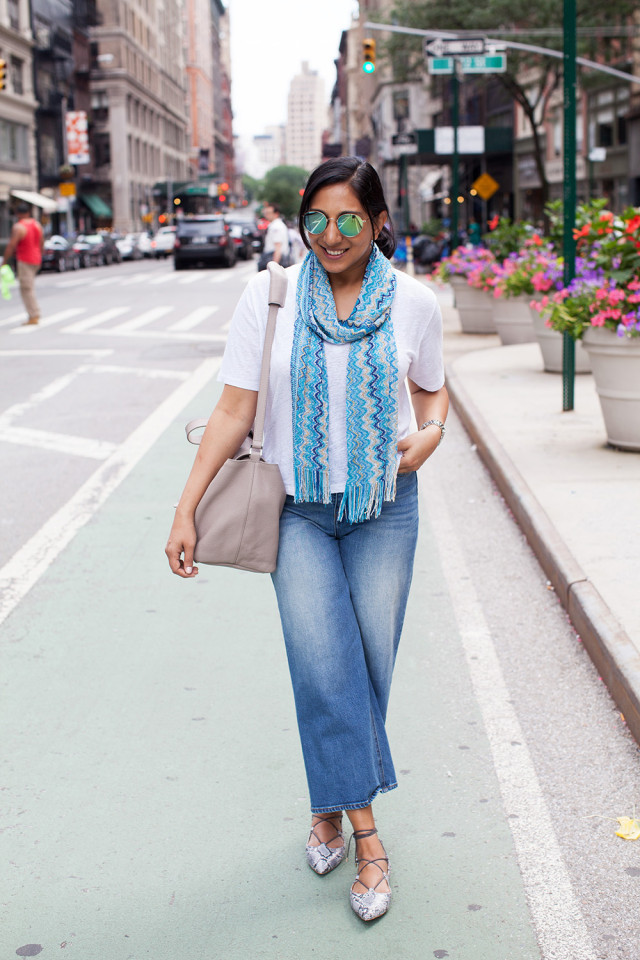 Missoni scarf white t-shirt wide-legged jeans