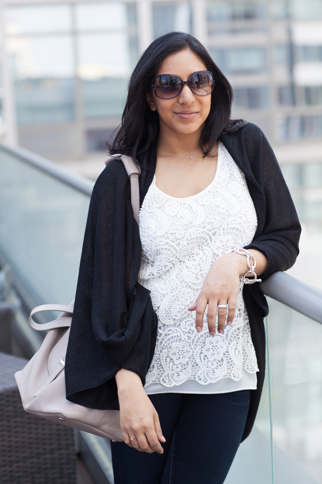 White Top Black Shrug Gray Bag